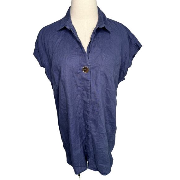 Ellen Tracy 100% linen pop over blouse tunic collared navy blue size large L - Picture 1 of 5